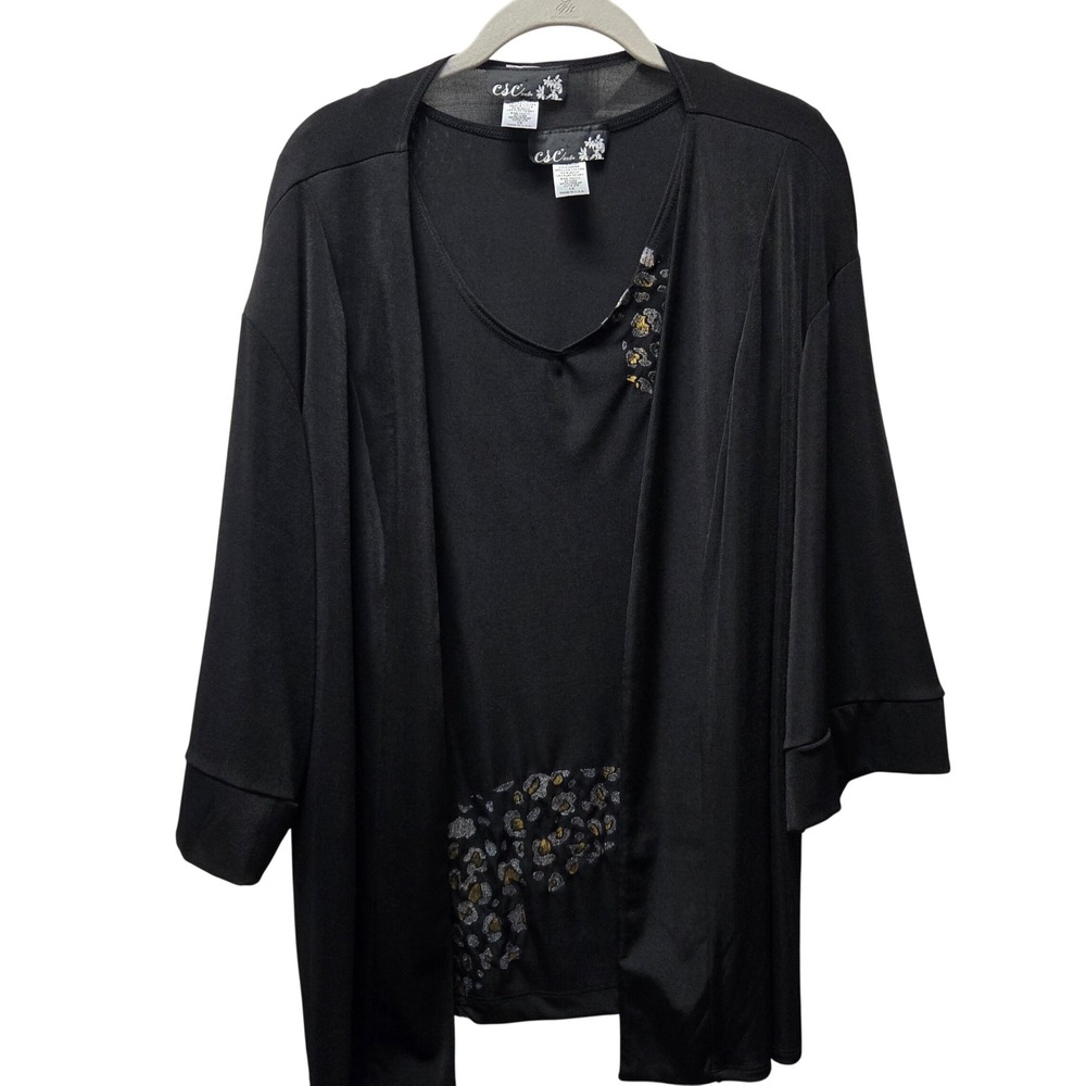 CSC Studio Womens Black 2 Piece Cardigan and Metallic Leopard Top Set 1X USA